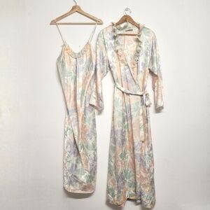 Mary McFadden Satin Soft Pastel Floral Robe and Night Gown Set Vintage Victoria